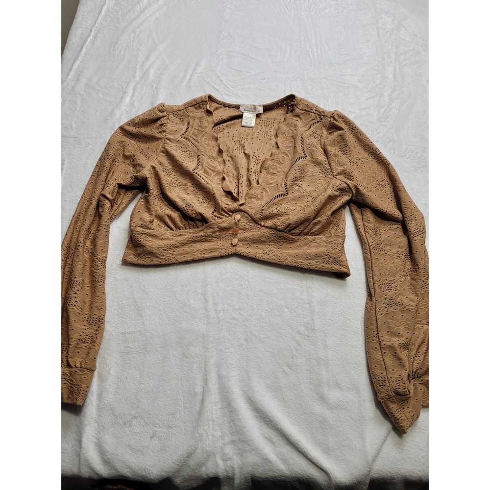 Urban Romantics Crop Top Womens L Tan Eyelet Lace Long Sleeve V-Neck Puff